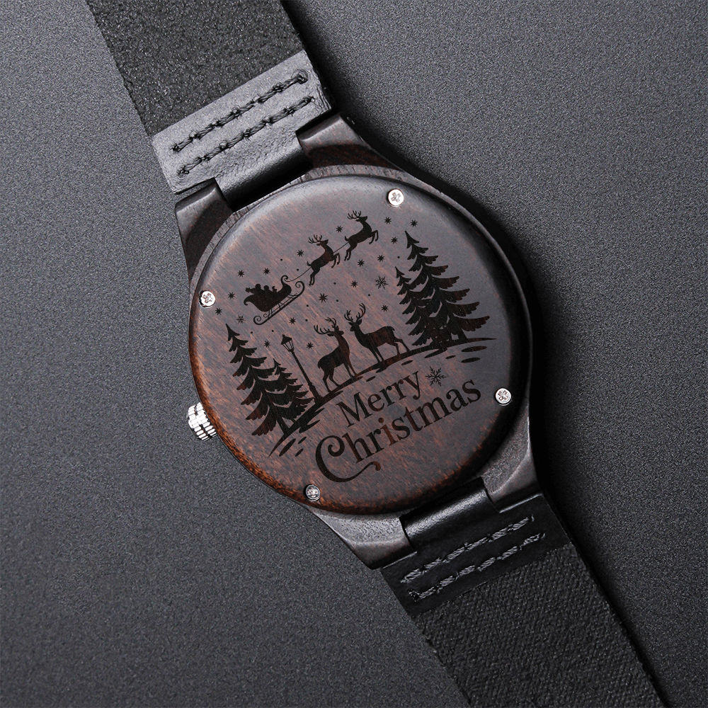 Merry Christmas Snowy Scene Engraved Wooden Watch