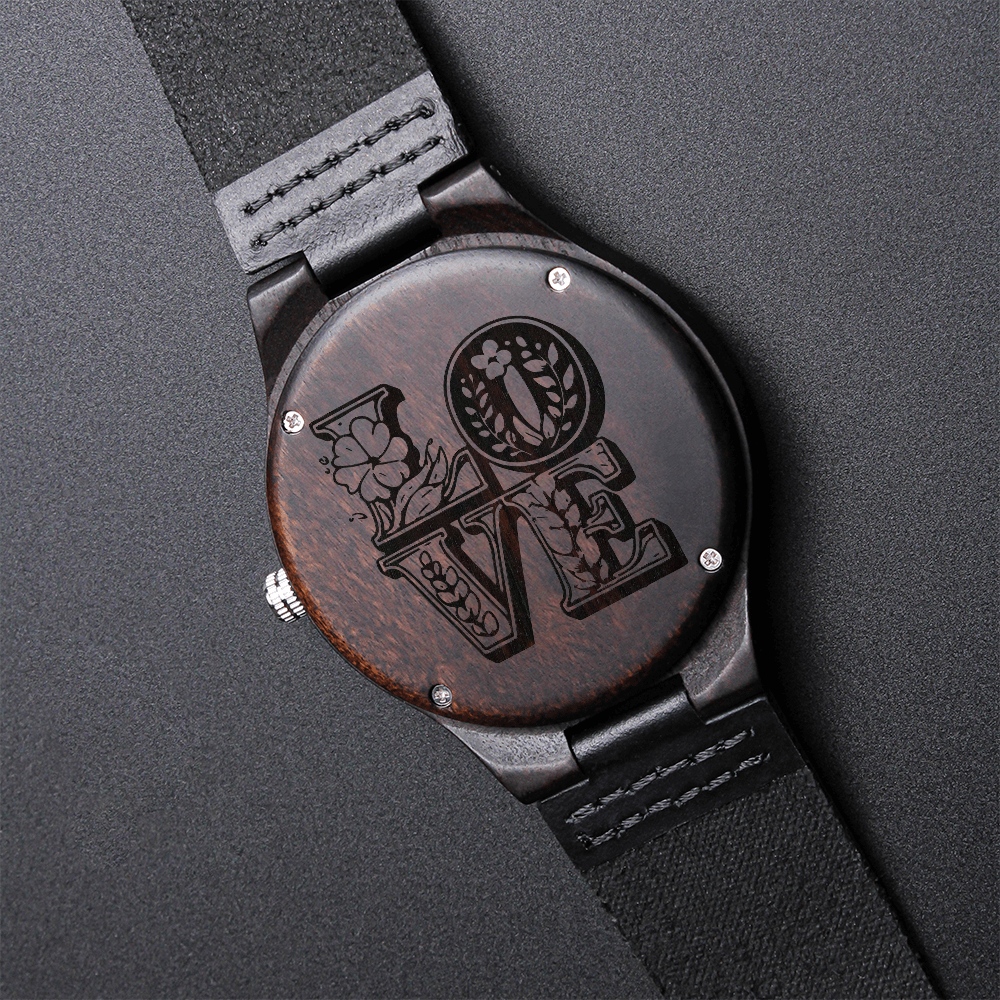Floral LOVE Engraved Wooden Luxury Watch with Genuine Leather Strap