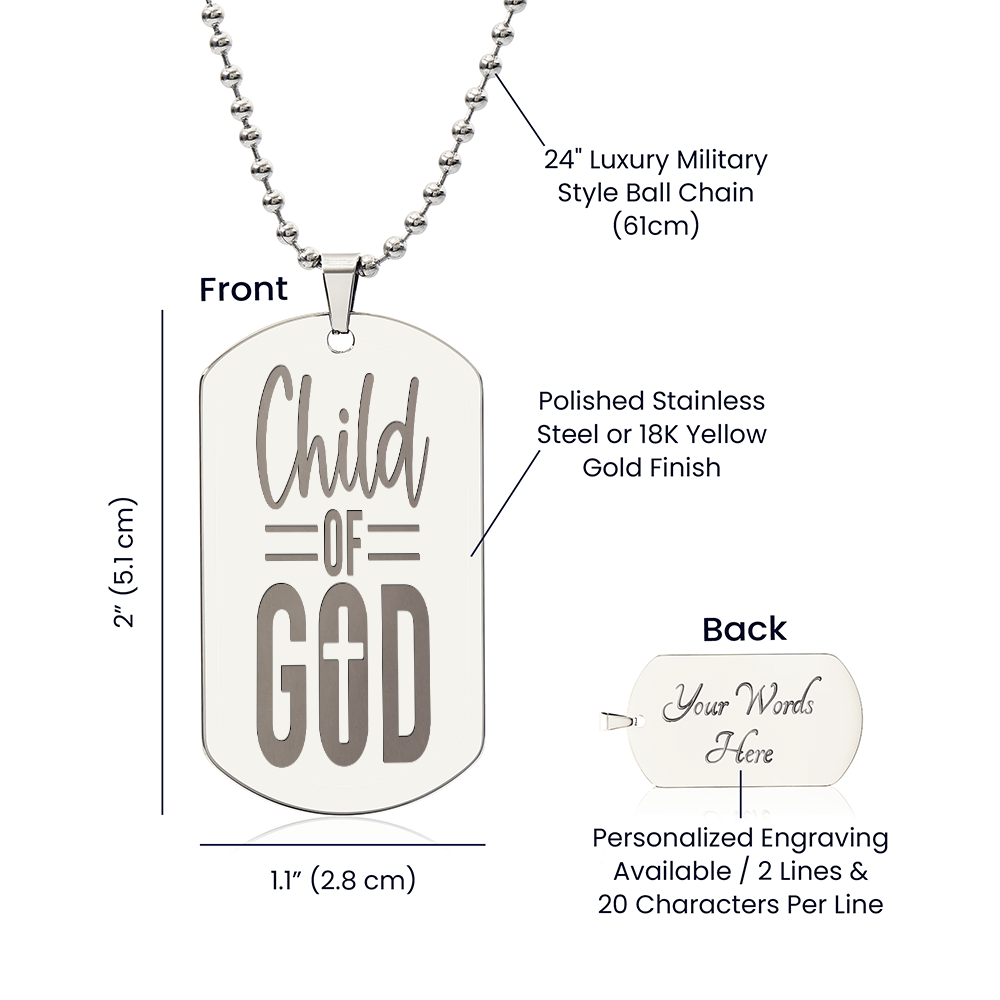 Child of God Faith Based Engraved Dog Tags Necklace
