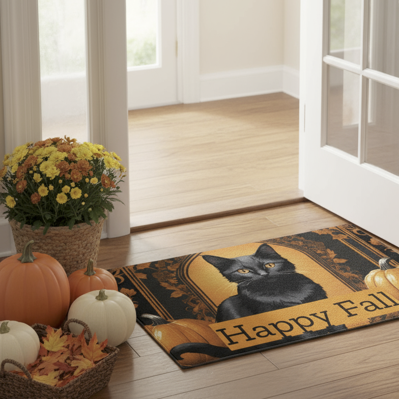 Happy Fall Orange Pumpkins with Black Cat Door Mat