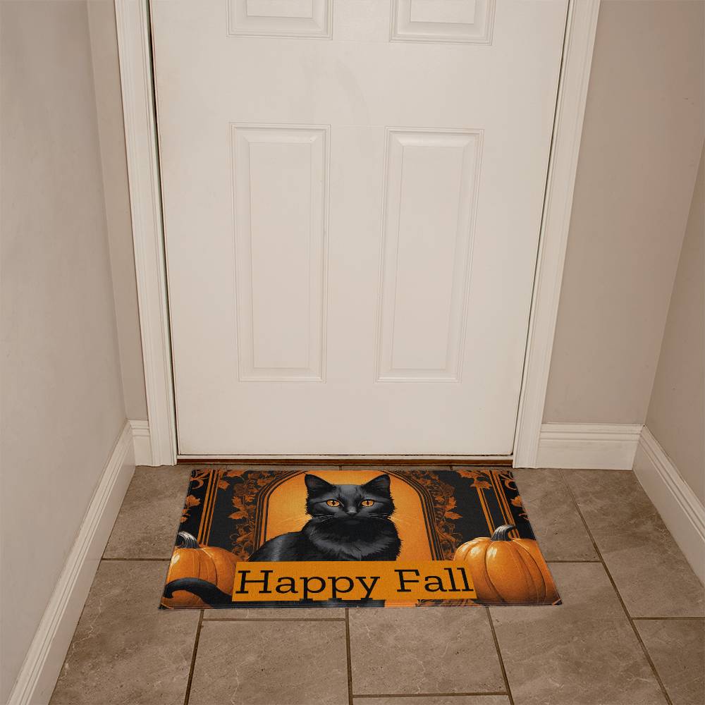 Happy Fall Orange Pumpkins with Black Cat Door Mat