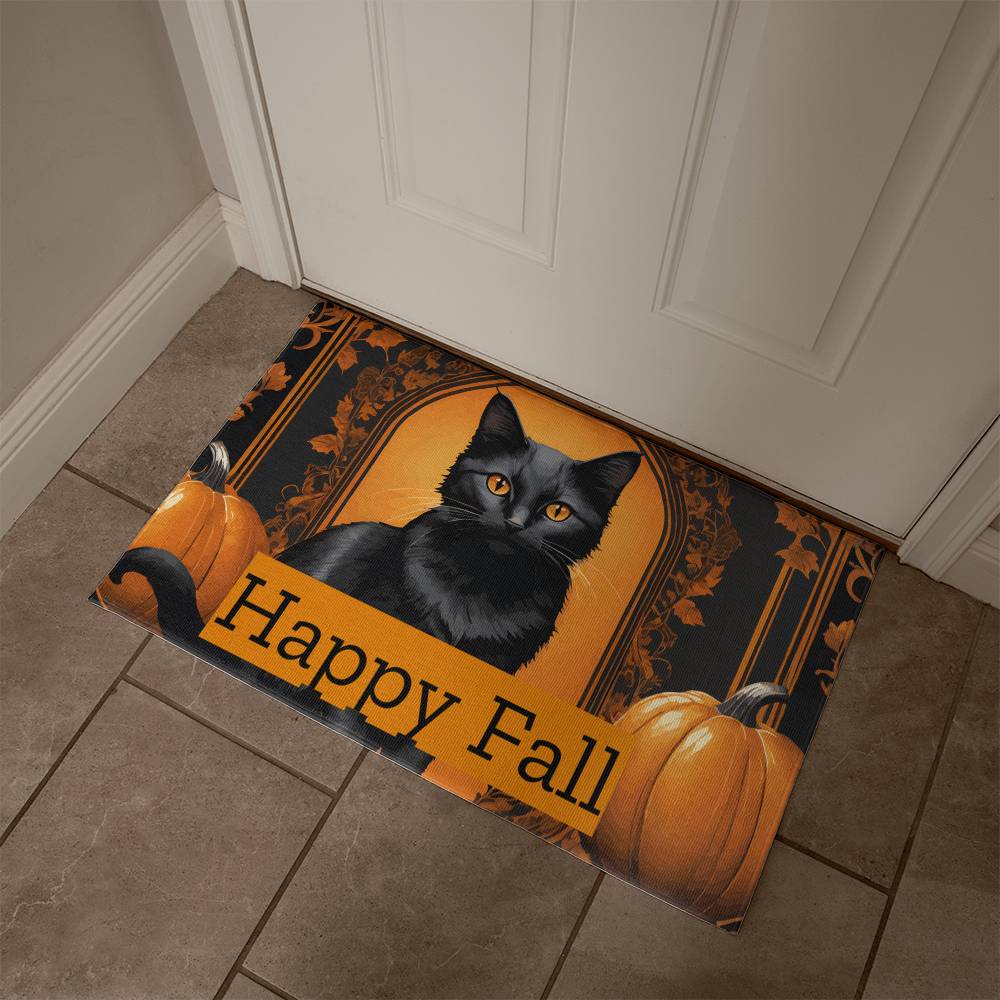 Happy Fall Orange Pumpkins with Black Cat Door Mat