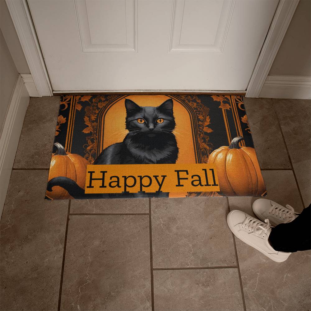 Happy Fall Orange Pumpkins with Black Cat Door Mat