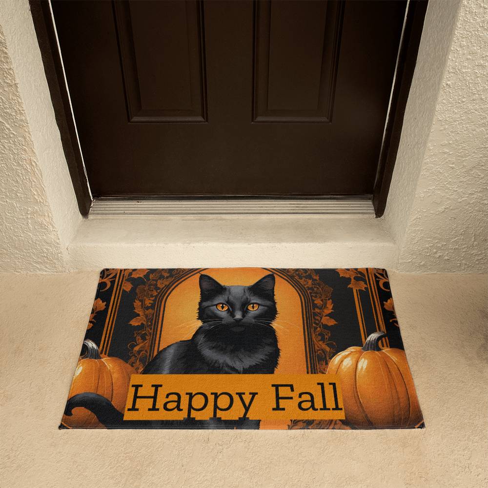 Happy Fall Orange Pumpkins with Black Cat Door Mat