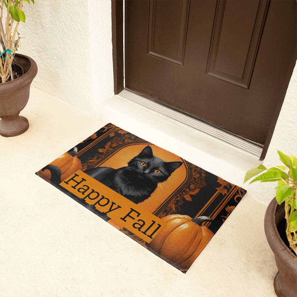 Happy Fall Orange Pumpkins with Black Cat Door Mat