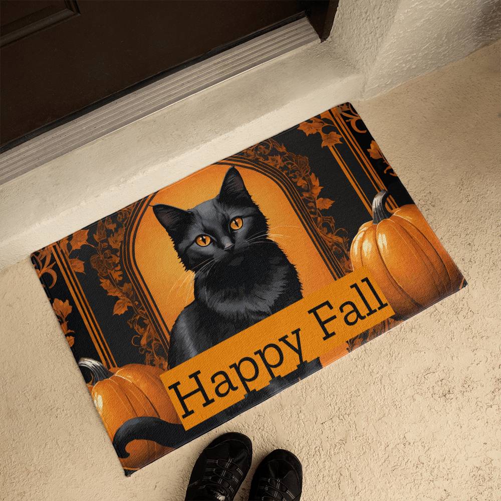 Happy Fall Orange Pumpkins with Black Cat Door Mat