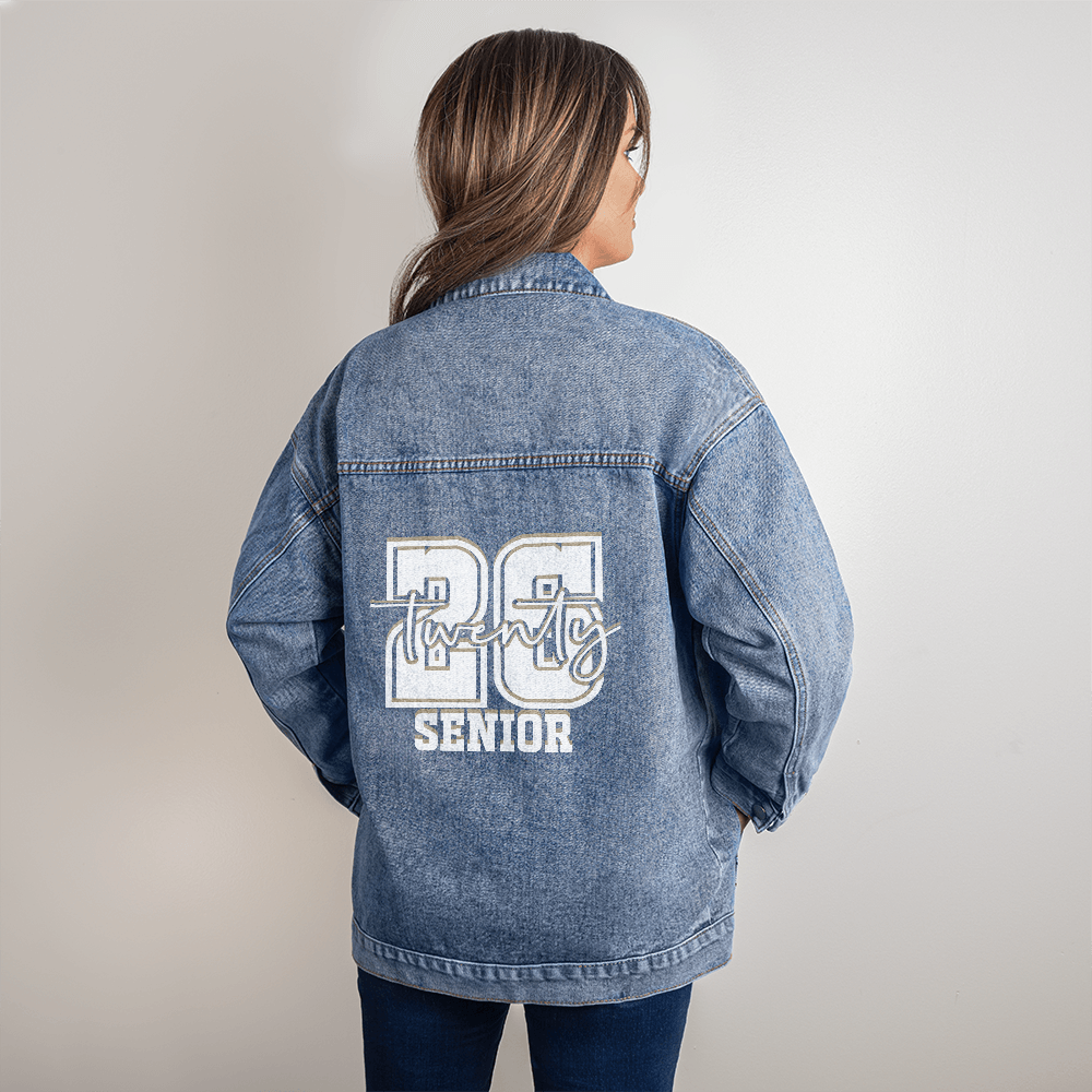 White 2026 Senior Graduate Oversized Women's Blue Denim Jacket