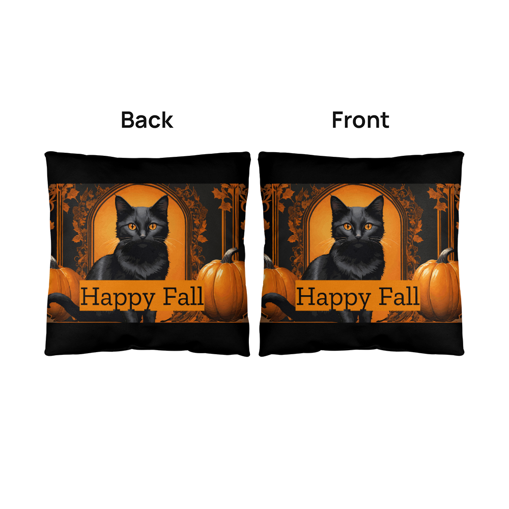 Happy Fall Orange Pumpkins Black Cat Indoor/Outdoor Fully Stuffed Pillow