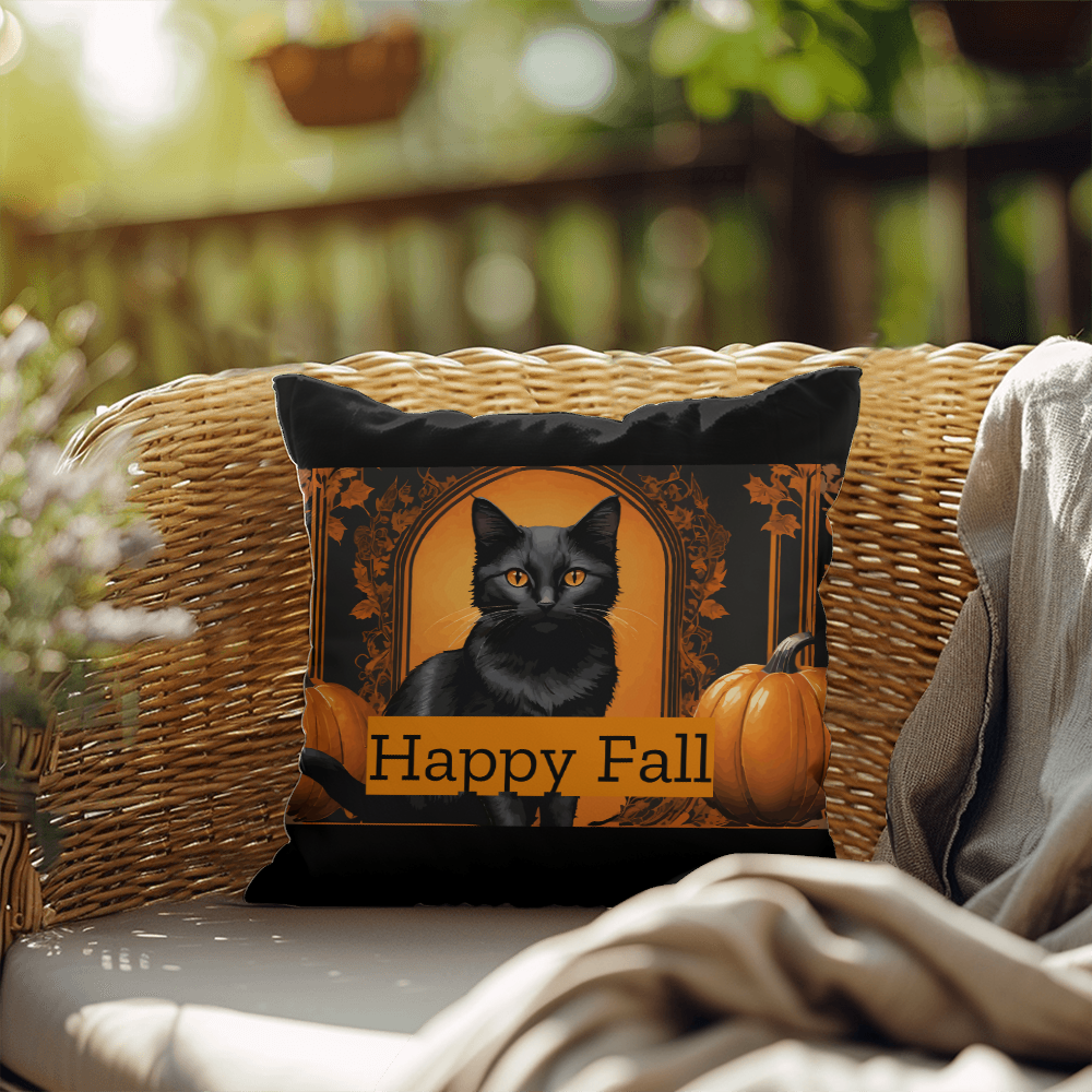 Happy Fall Orange Pumpkins Black Cat Indoor/Outdoor Fully Stuffed Pillow