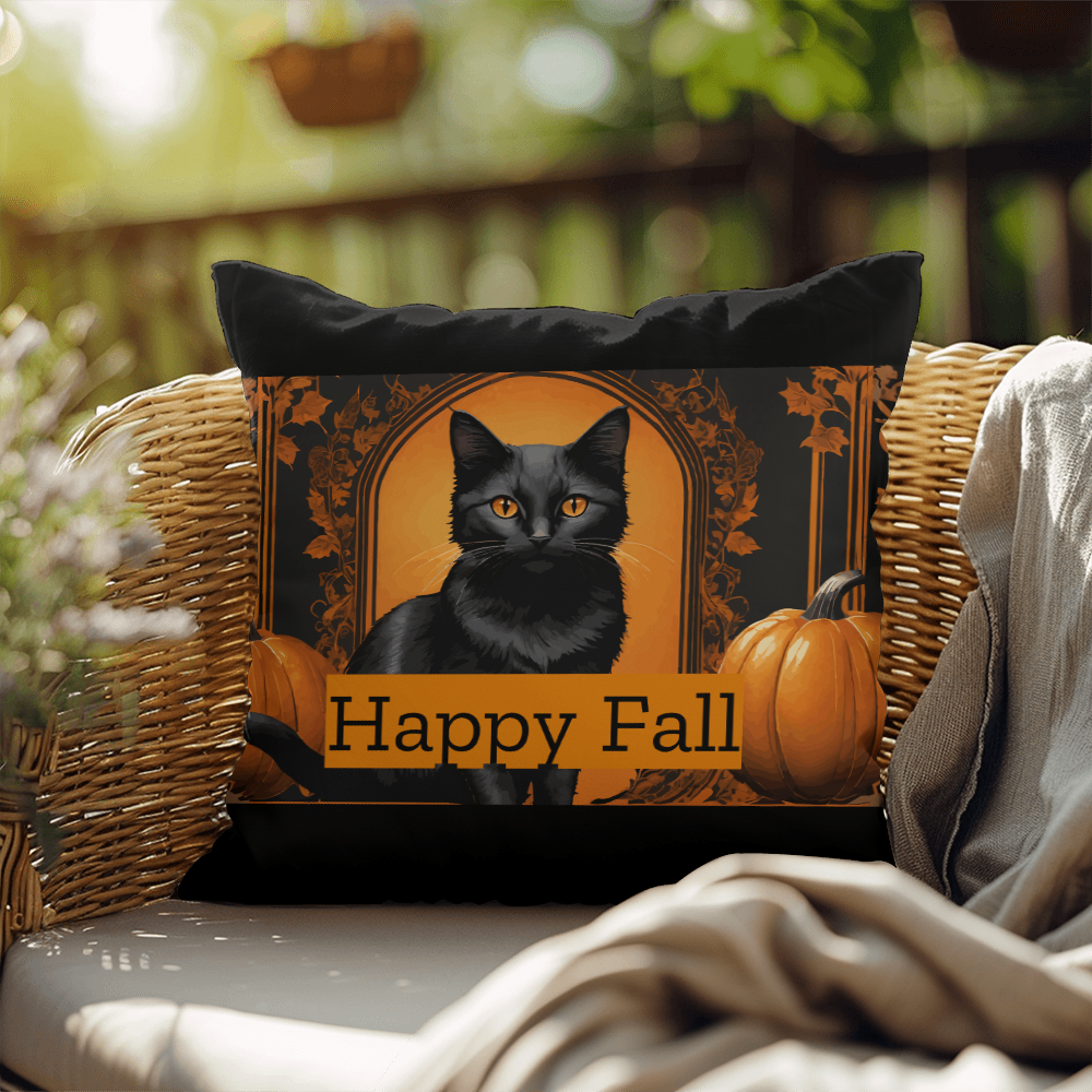 Happy Fall Orange Pumpkins Black Cat Indoor/Outdoor Fully Stuffed Pillow