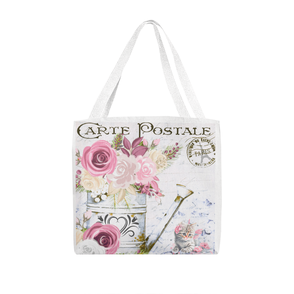 Flowers & Kitten Carte Postale Design Classic Tote Bag