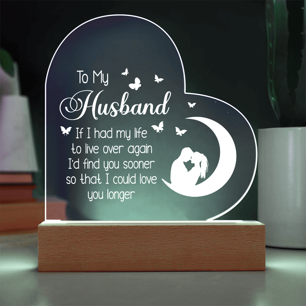 To My Husband UV Printed Design Acrylic Heart Shaped LED Light