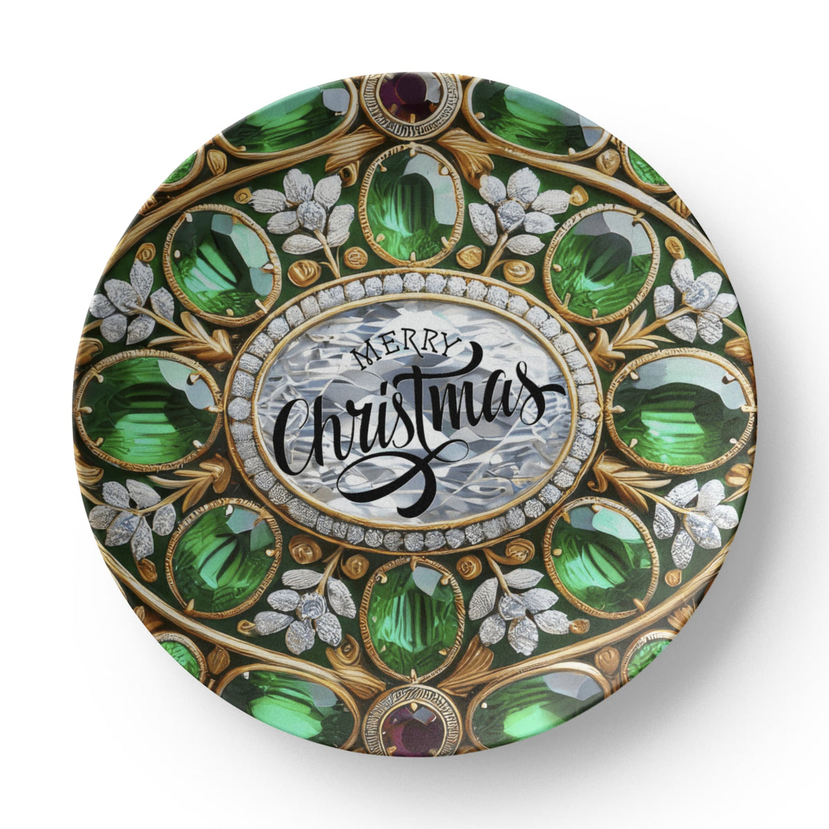 Ornate Silver Frame with Green Gemstones 10" Polymer Plate