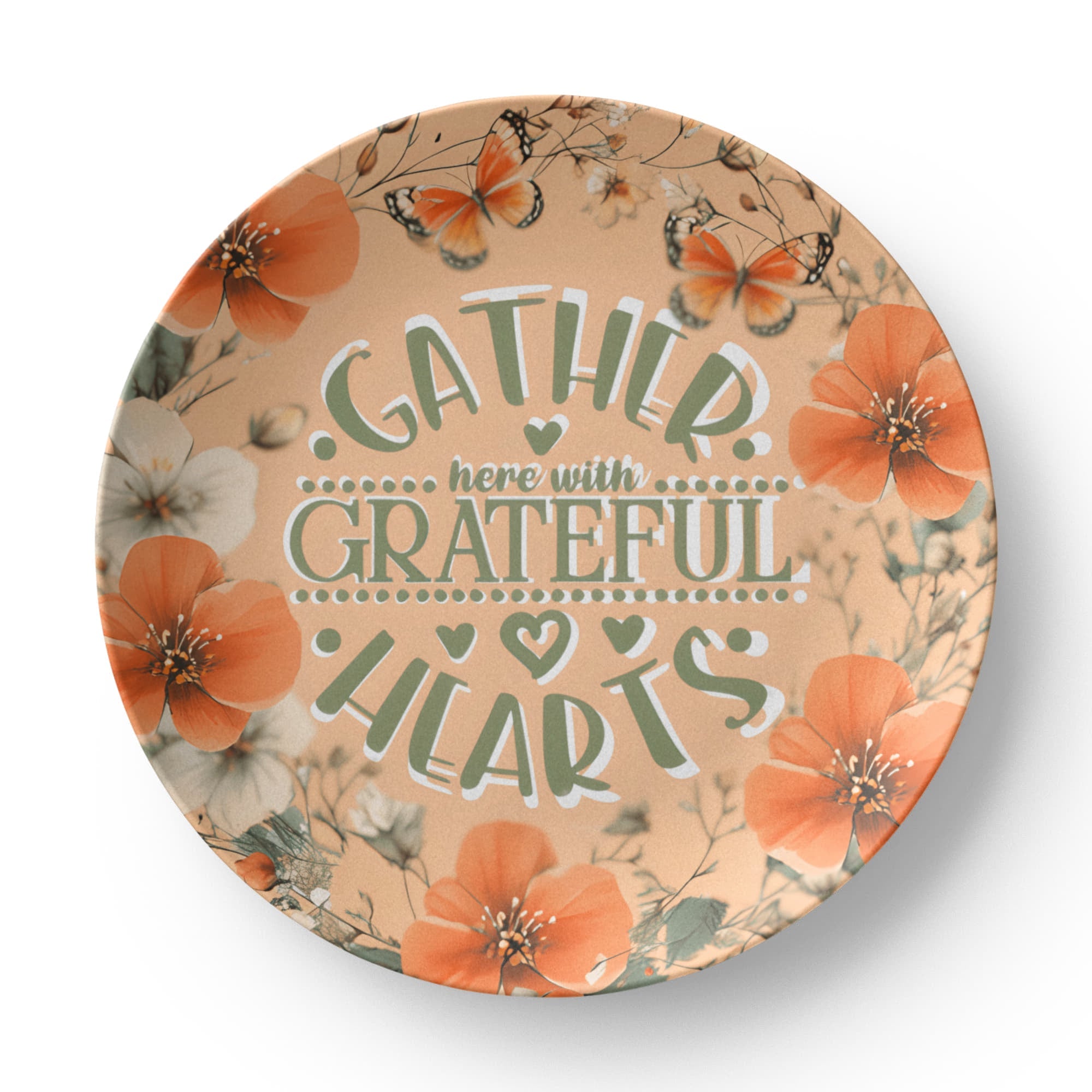 Gather Here with Grateful Hearts Orange 10" Round Dinner Plate