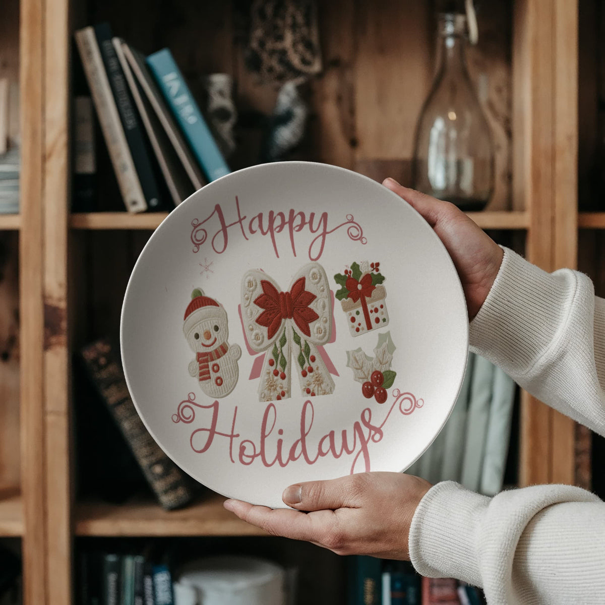 Pink Happy Holidays Faux Yarn Polymer 10" Plate