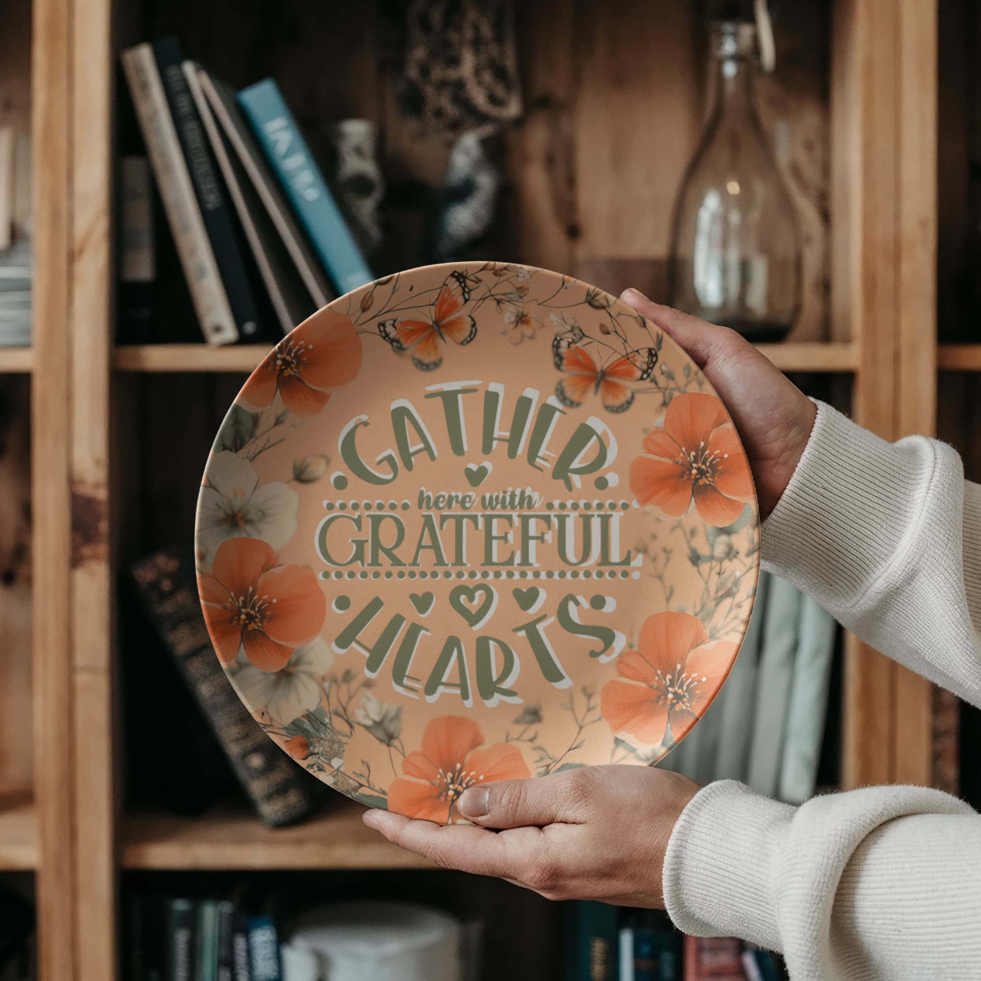 Gather Here with Grateful Hearts Orange 10" Round Dinner Plate