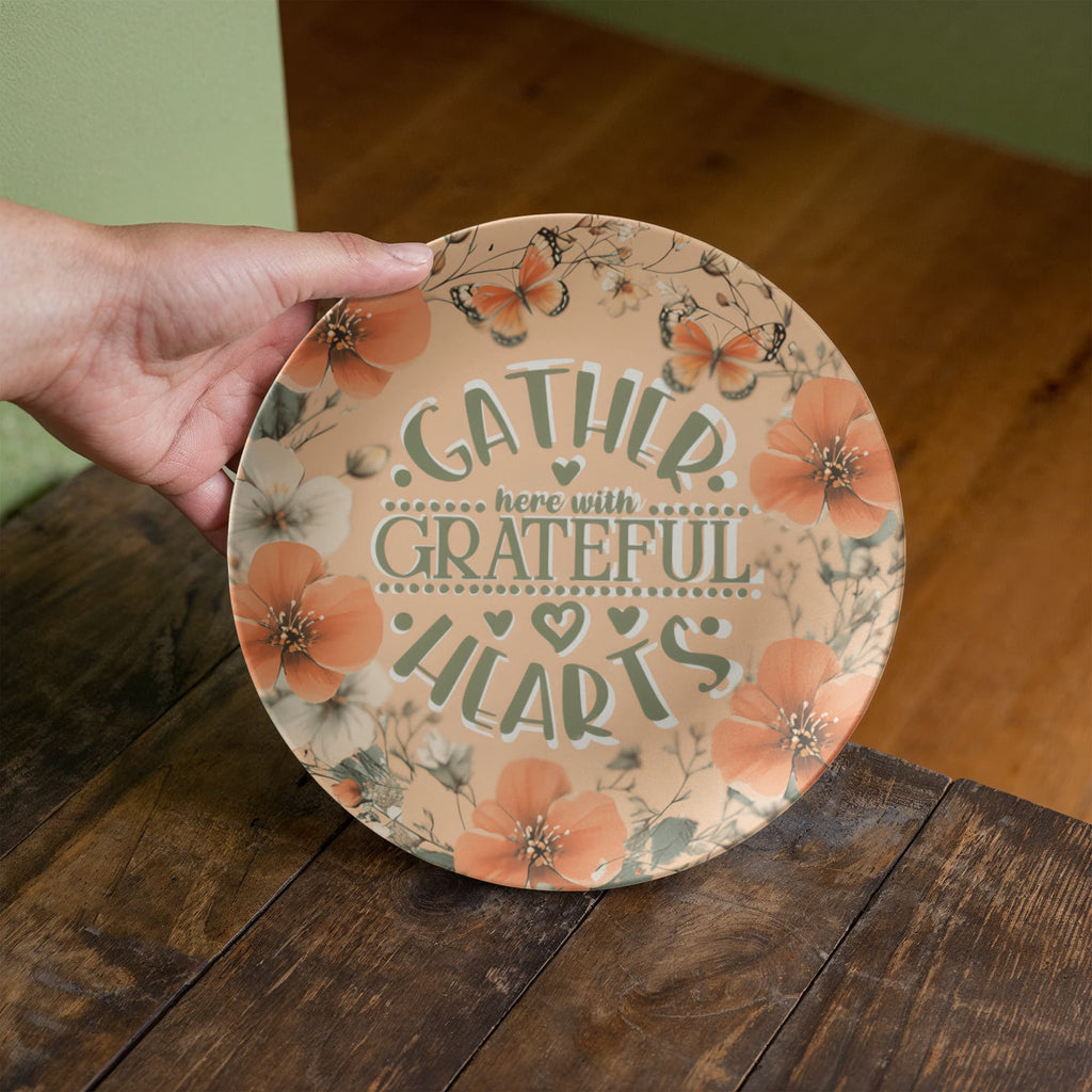 Gather Here with Grateful Hearts Orange 10" Round Dinner Plate