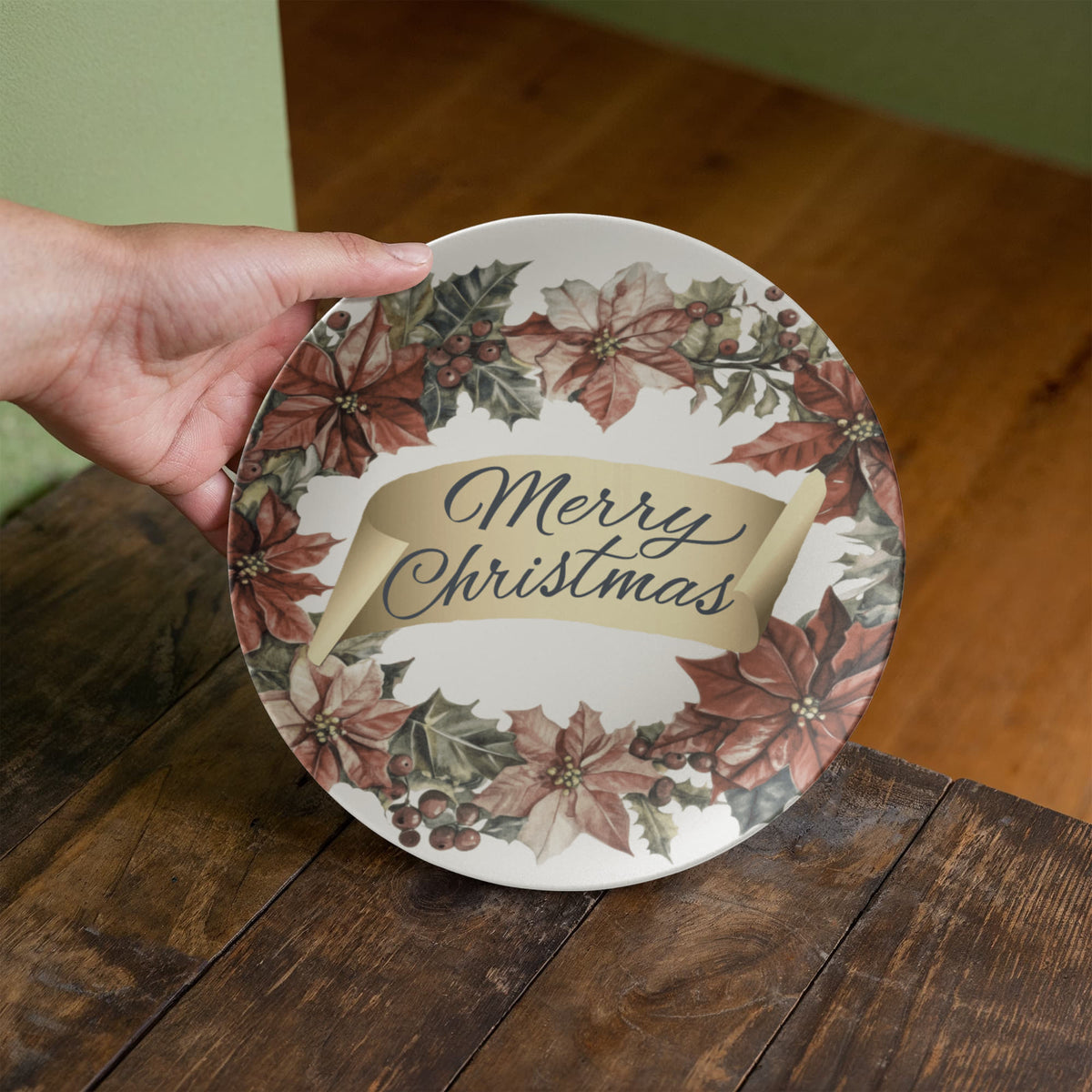 Merry Christmas Oval Wreath 10" Polymer Plate
