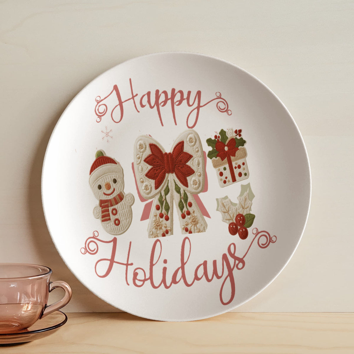 Pink Happy Holidays Faux Yarn Polymer 10" Plate