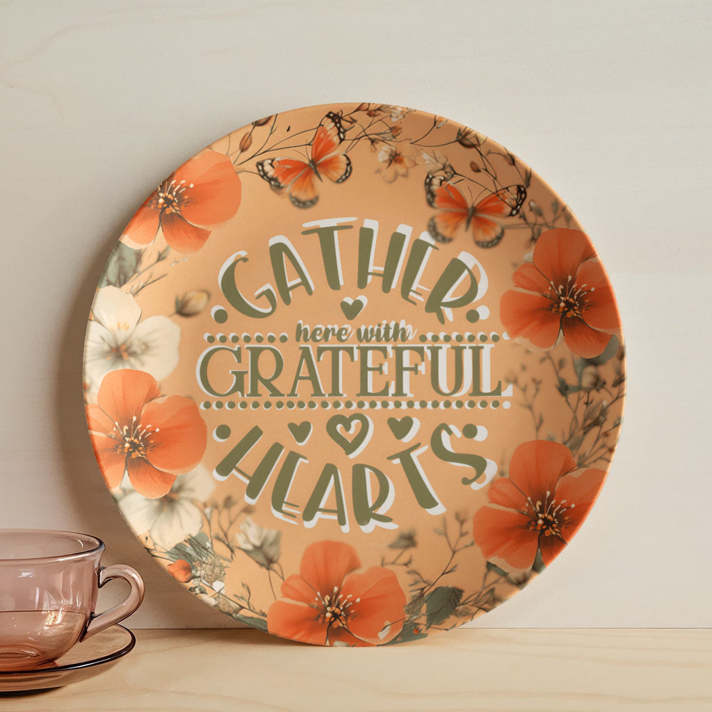 Gather Here with Grateful Hearts Orange 10" Round Dinner Plate