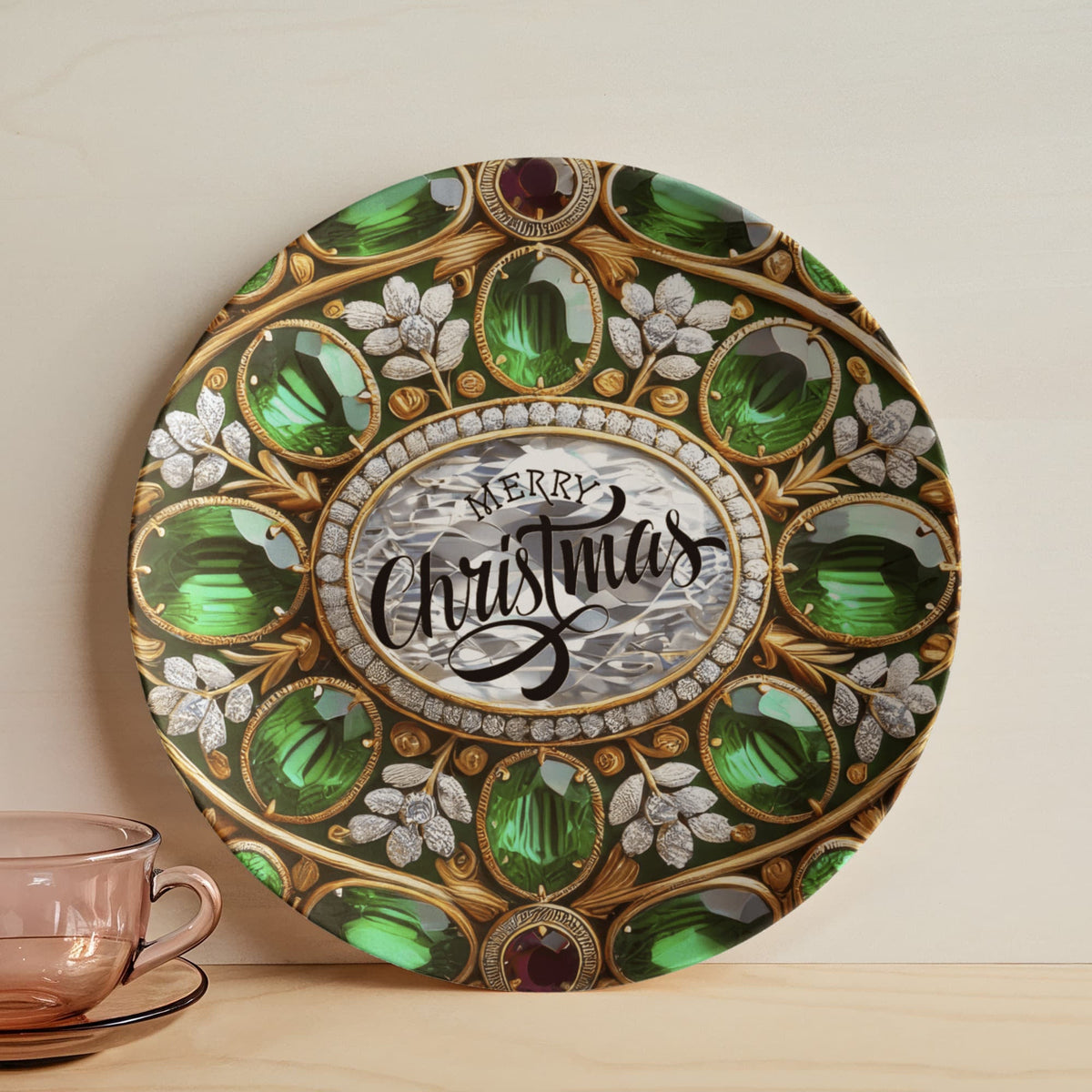 Ornate Silver Frame with Green Gemstones 10" Polymer Plate