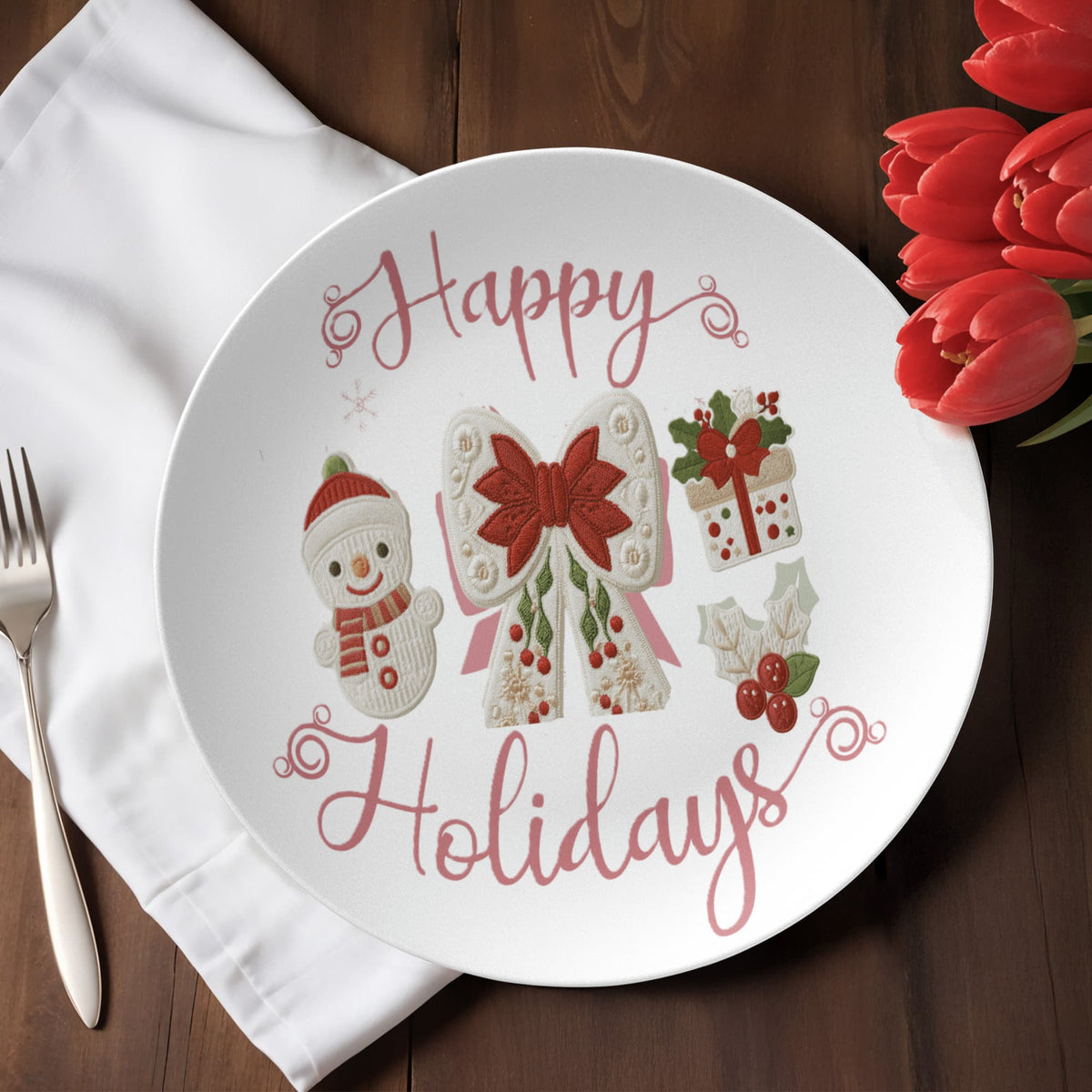 Pink Happy Holidays Faux Yarn Polymer 10" Plate