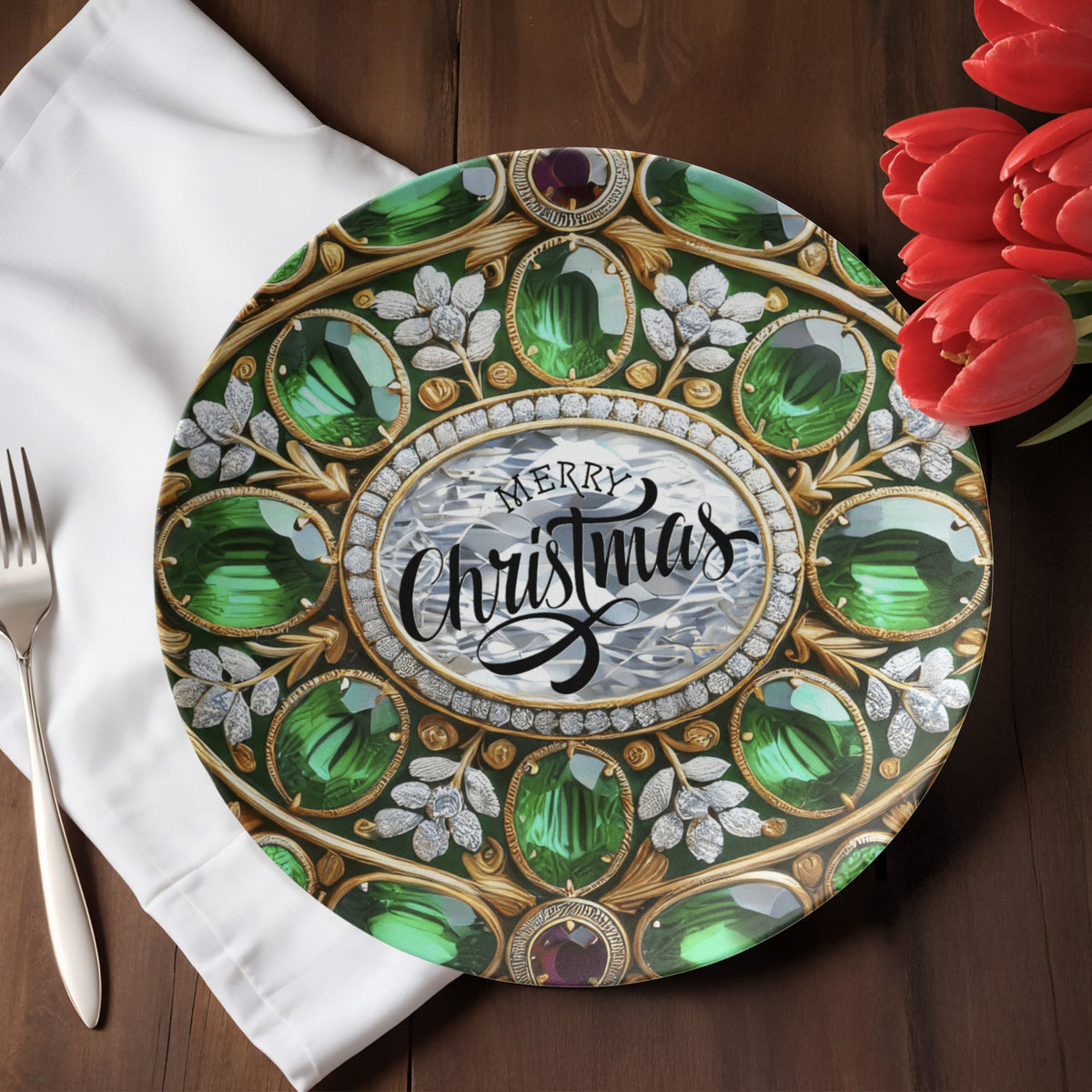 Ornate Silver Frame with Green Gemstones 10" Polymer Plate