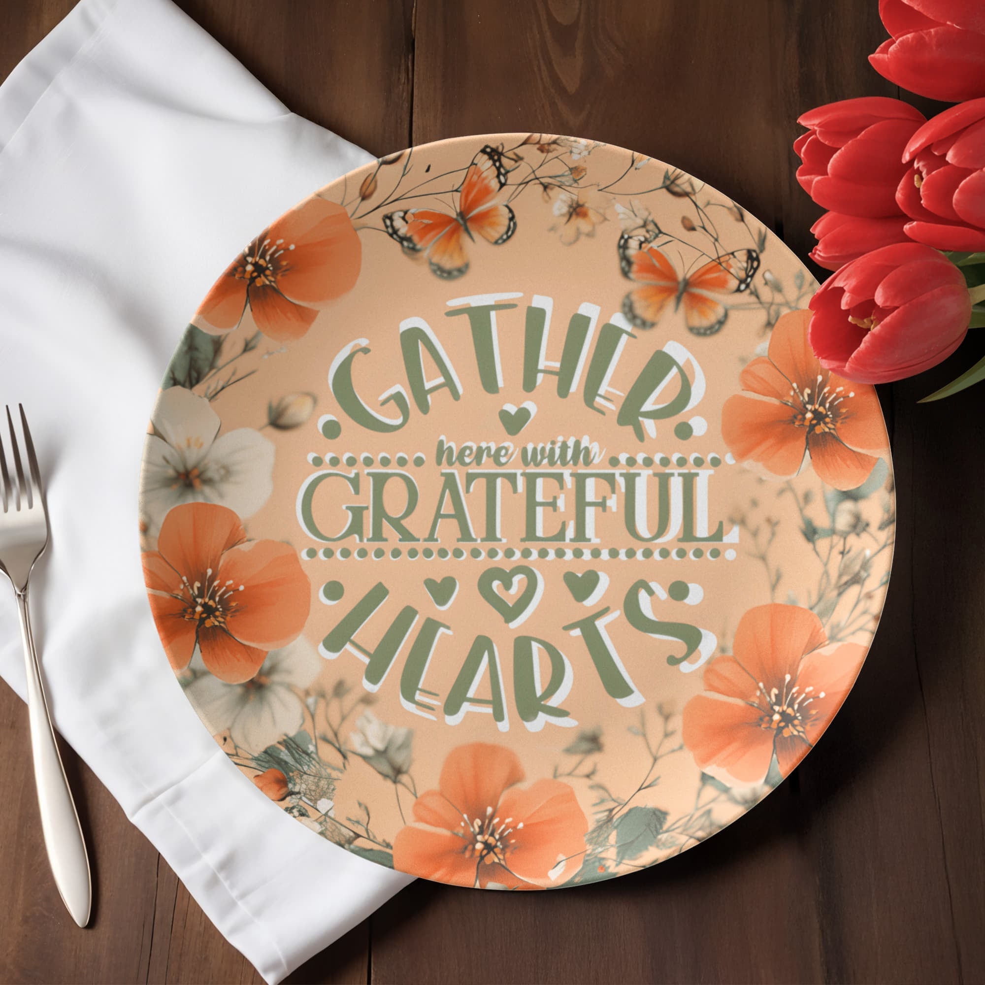 Gather Here with Grateful Hearts Orange 10" Round Dinner Plate