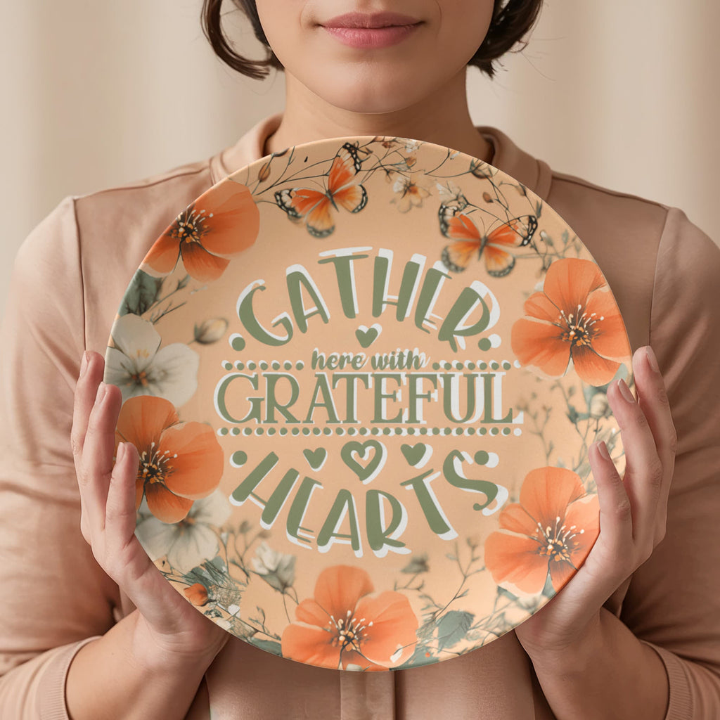 Gather Here with Grateful Hearts Orange 10" Round Dinner Plate