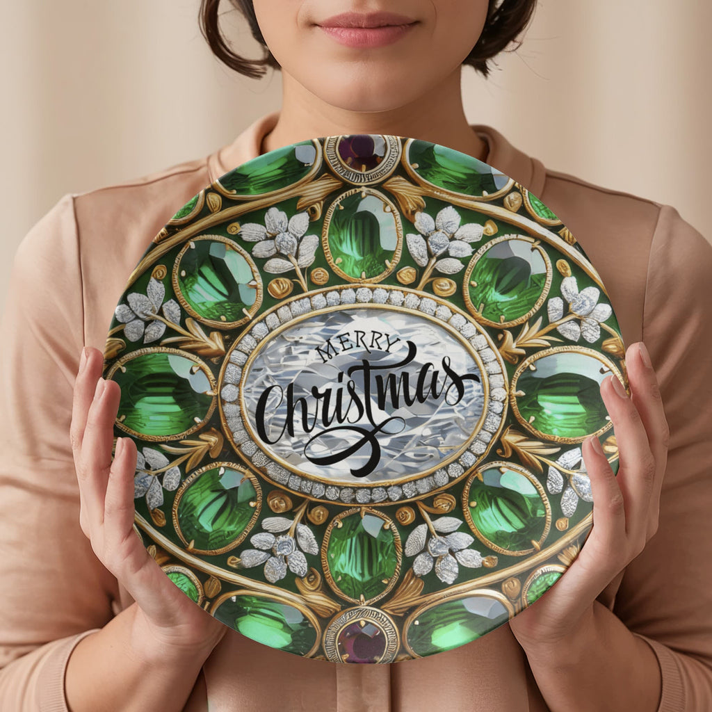 Ornate Silver Frame with Green Gemstones 10" Polymer Plate