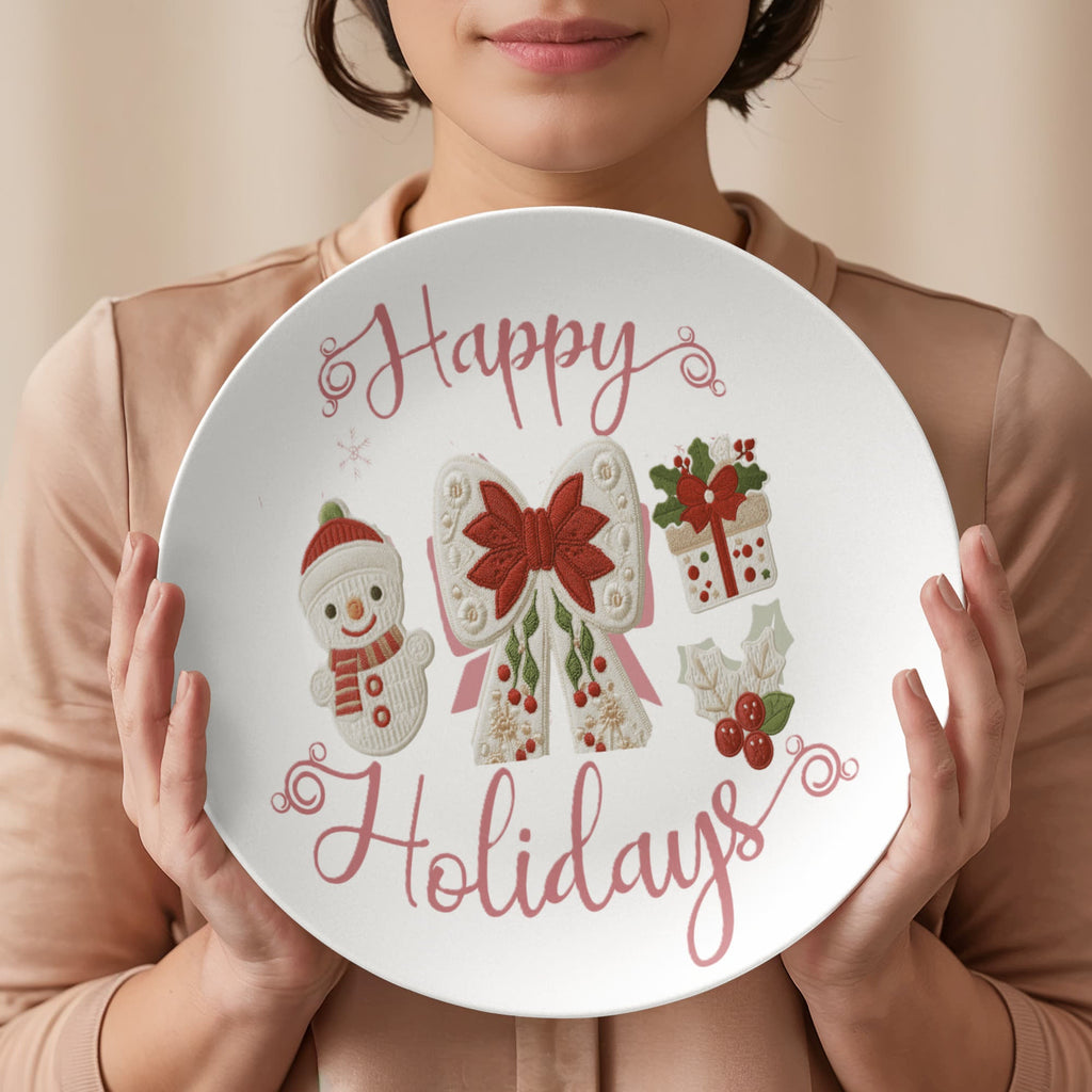 Pink Happy Holidays Faux Yarn Polymer 10" Plate