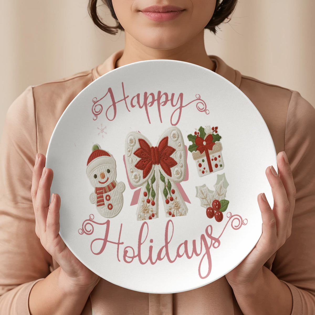 Pink Happy Holidays Faux Yarn Polymer 10" Plate