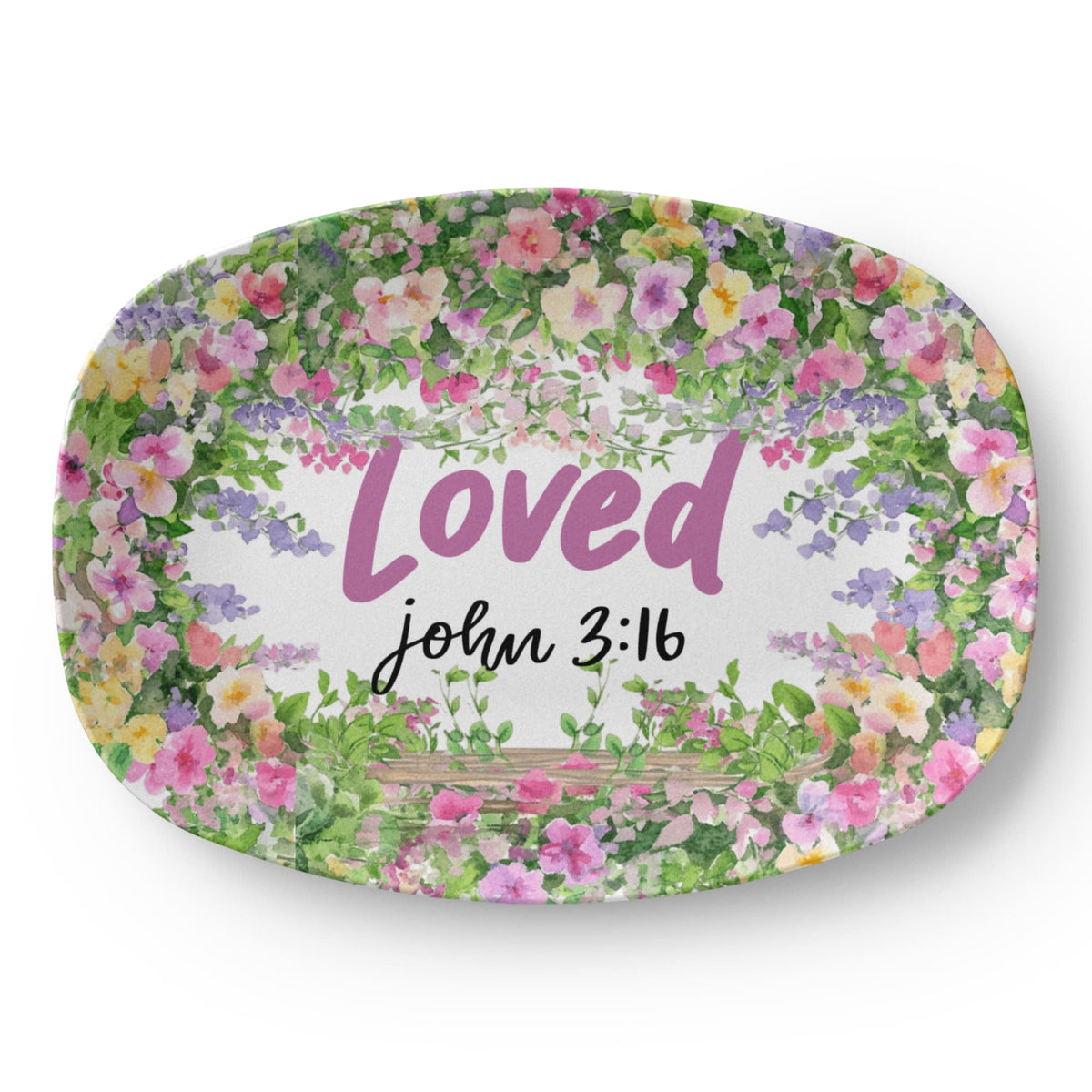 Loved John 3:16 Faith Based Floral 10" x 14" Oval Serving Platter