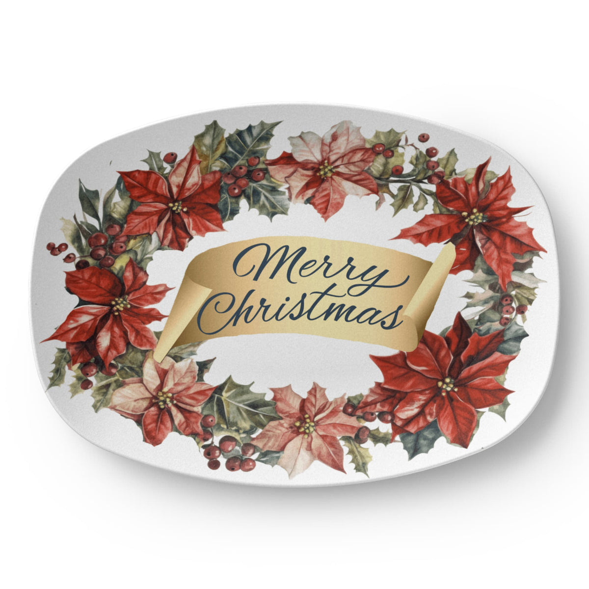 Merry Christmas Oval Wreath 10" x 14" Polymer Serving Platter