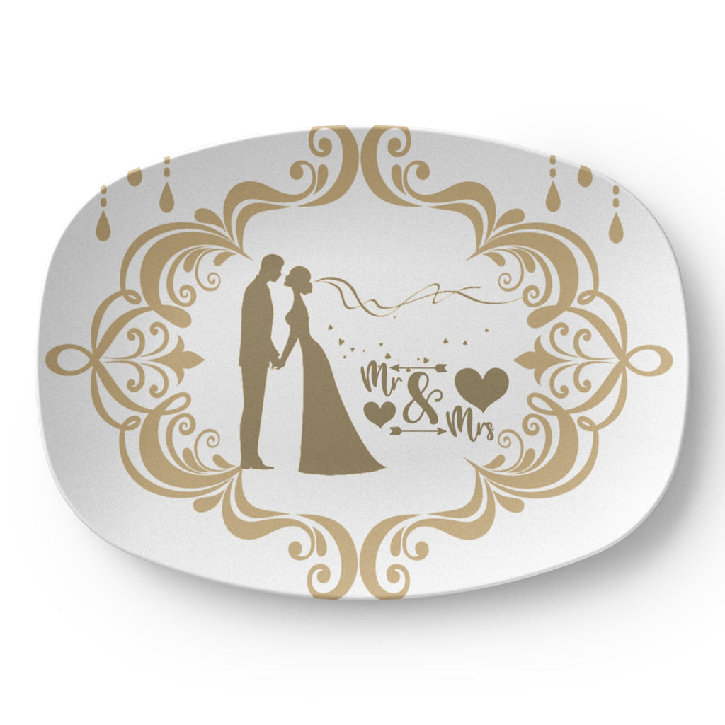 Bride and Groom Mr. & Mrs. Golden Trim 10”x14” Oval Serving Platter
