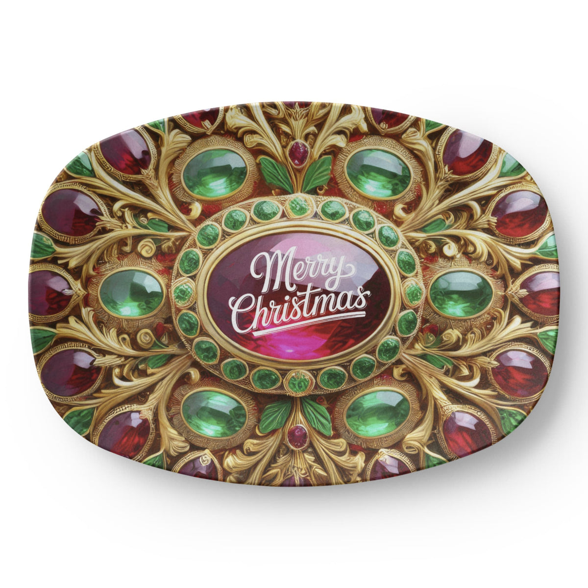 Christmas Ornate Golden Frame with Gemstones Oval Serving Platter