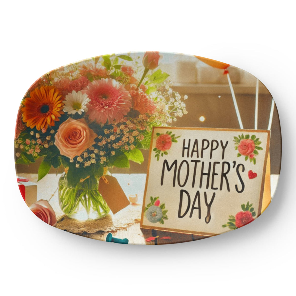 Happy Mother's Day Card and Flowers  10" x 14" Oval Serving Platter