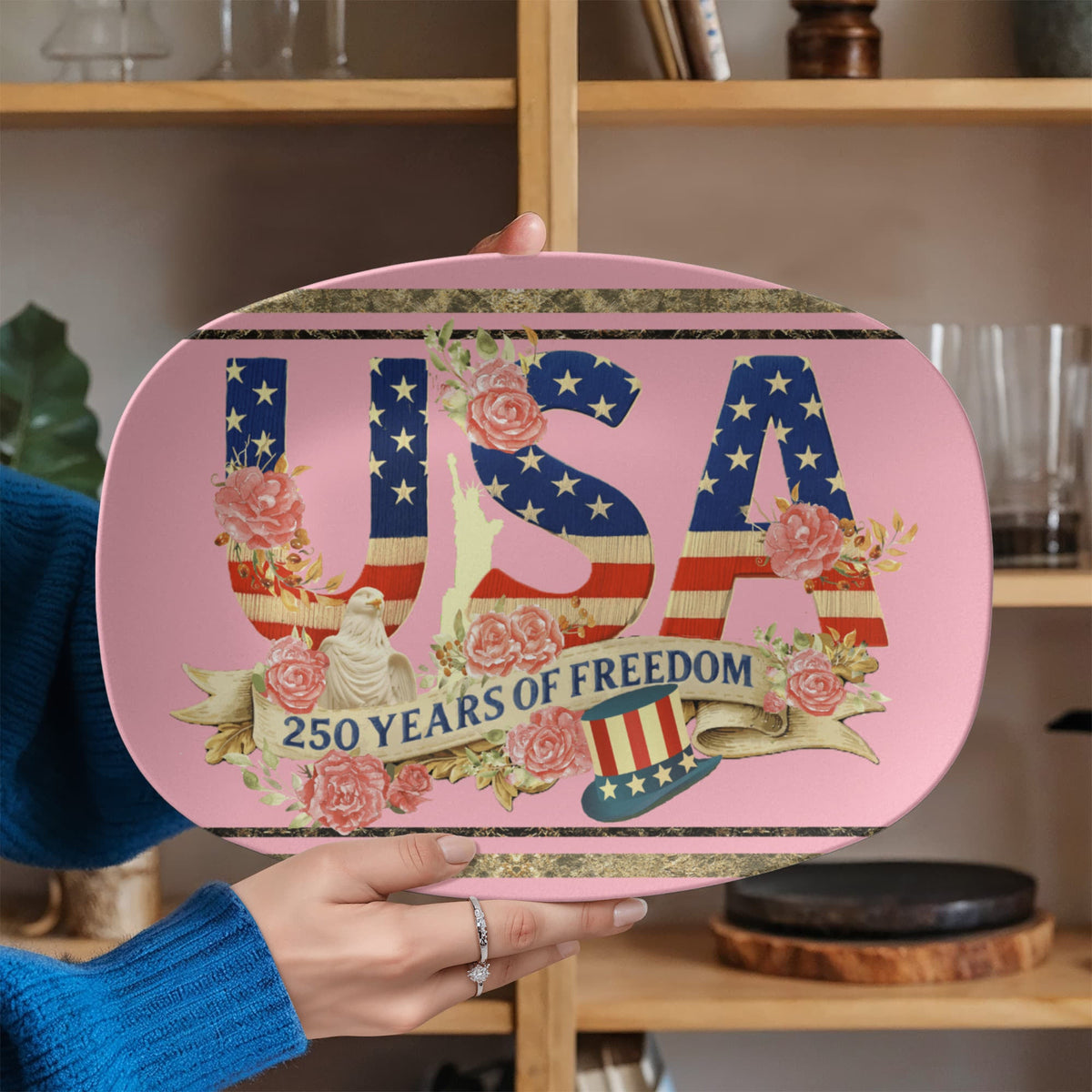 Pink USA 250 Years of Freedom Floral 10" x 14" Oval Serving Platter