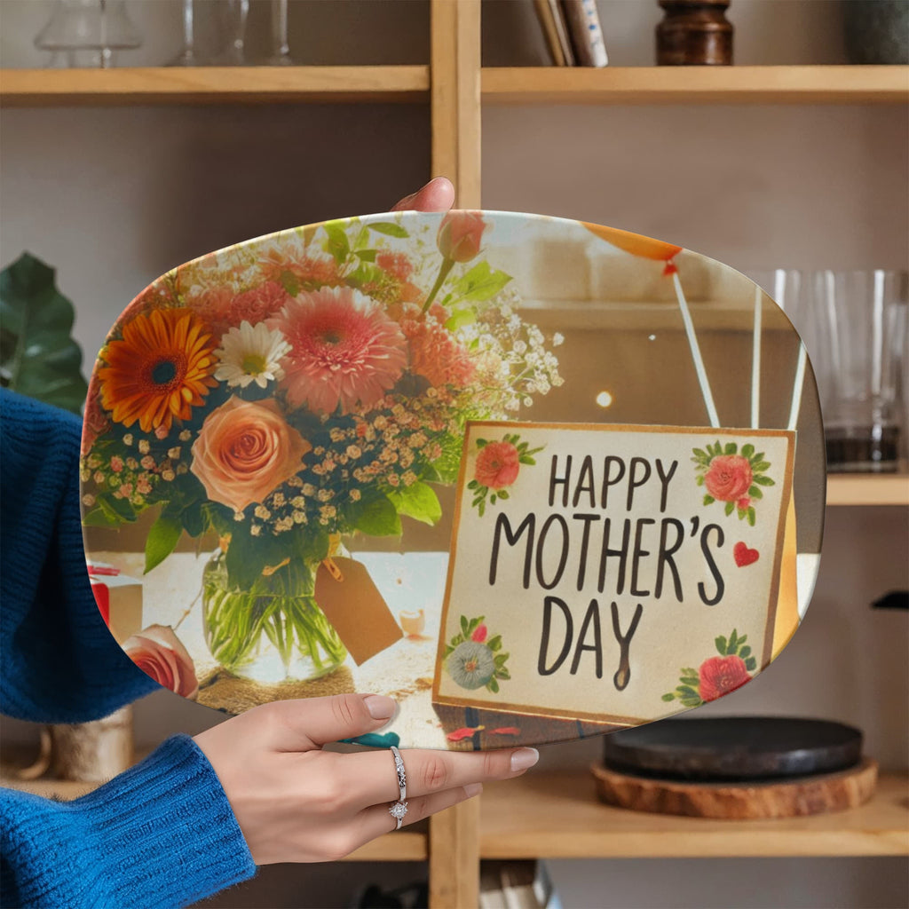 Happy Mother's Day Card and Flowers  10" x 14" Oval Serving Platter