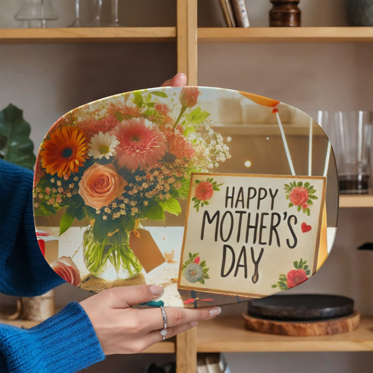 Happy Mother's Day Card and Flowers  10" x 14" Oval Serving Platter
