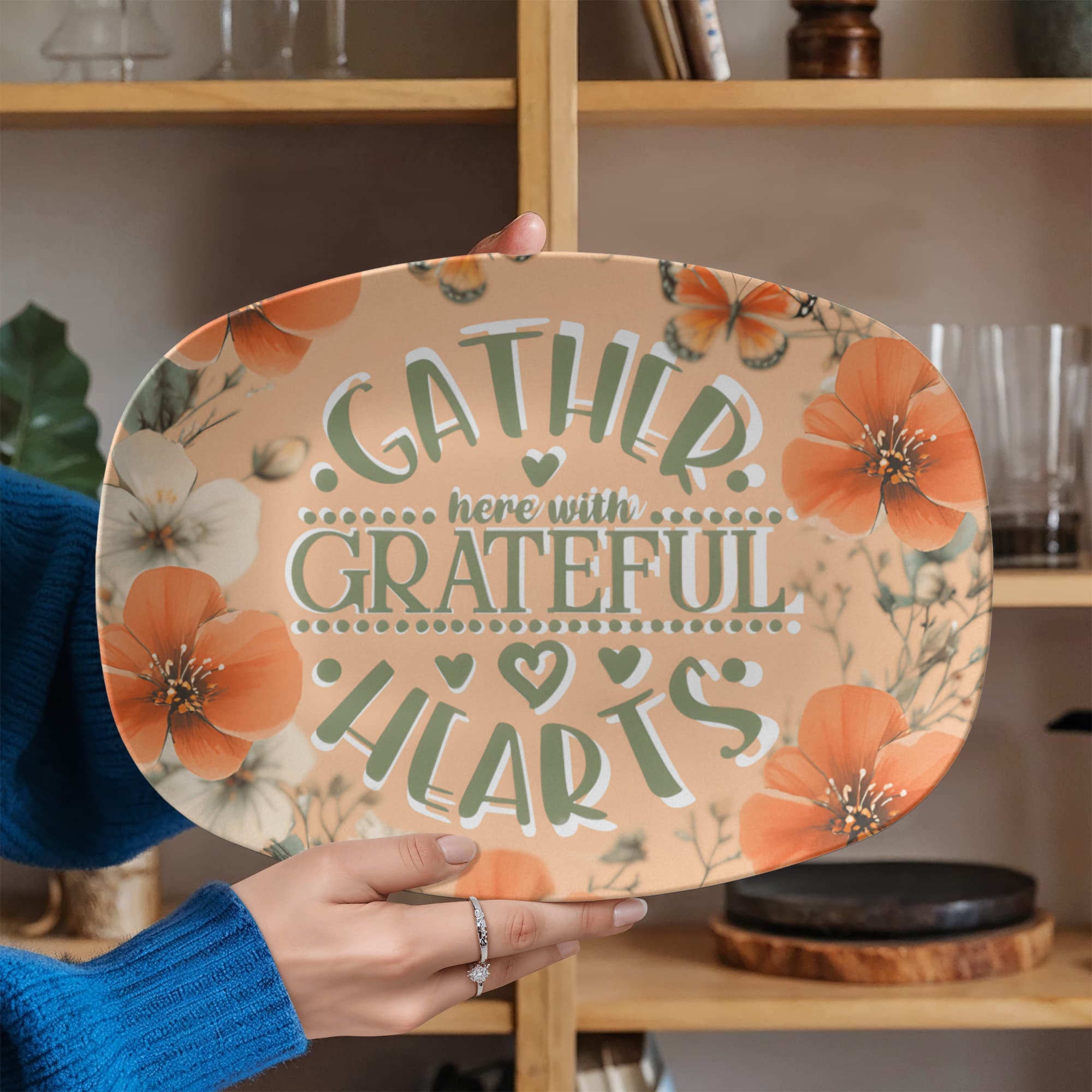 Gather Here with Grateful Hearts Orange Serving Platter