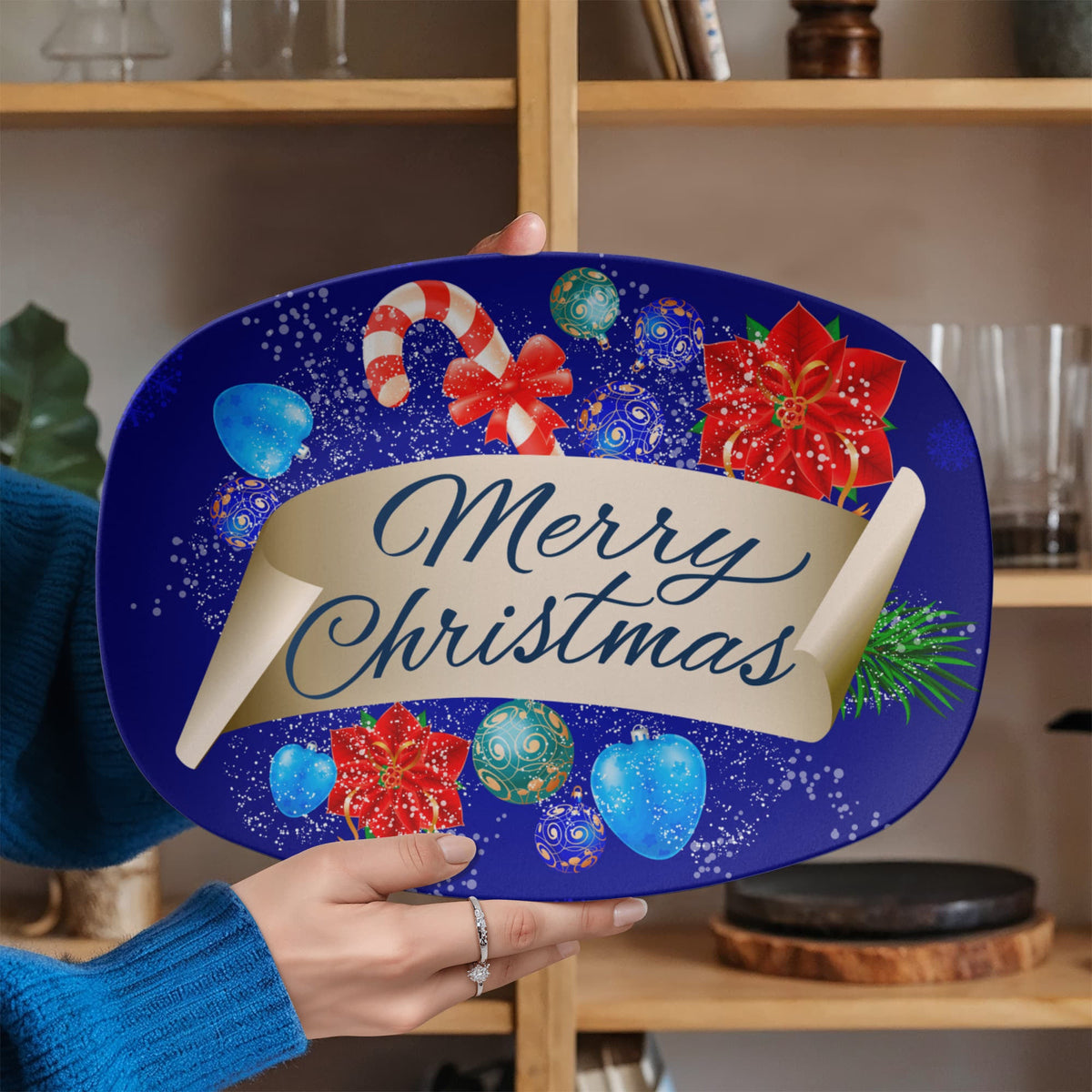 Blue Merry Christmas Design 10" x 14" Oval Serving Platter