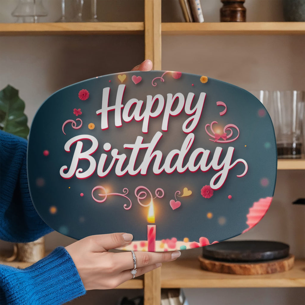 Happy Birthday Cake & Candle 10" x 14" Oval Serving Platter