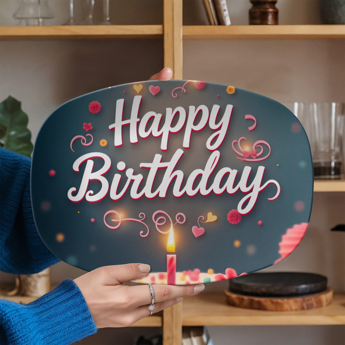 Happy Birthday Cake & Candle 10" x 14" Oval Serving Platter