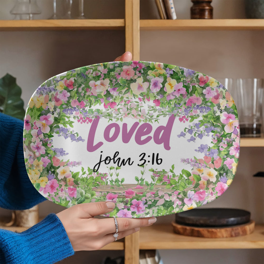 Loved John 3:16 Faith Based Floral 10" x 14" Oval Serving Platter