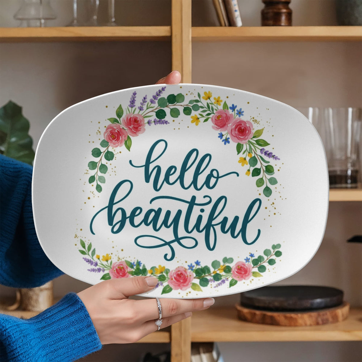 Floral Hello Beautiful 10”x14” Oval Serving Platter