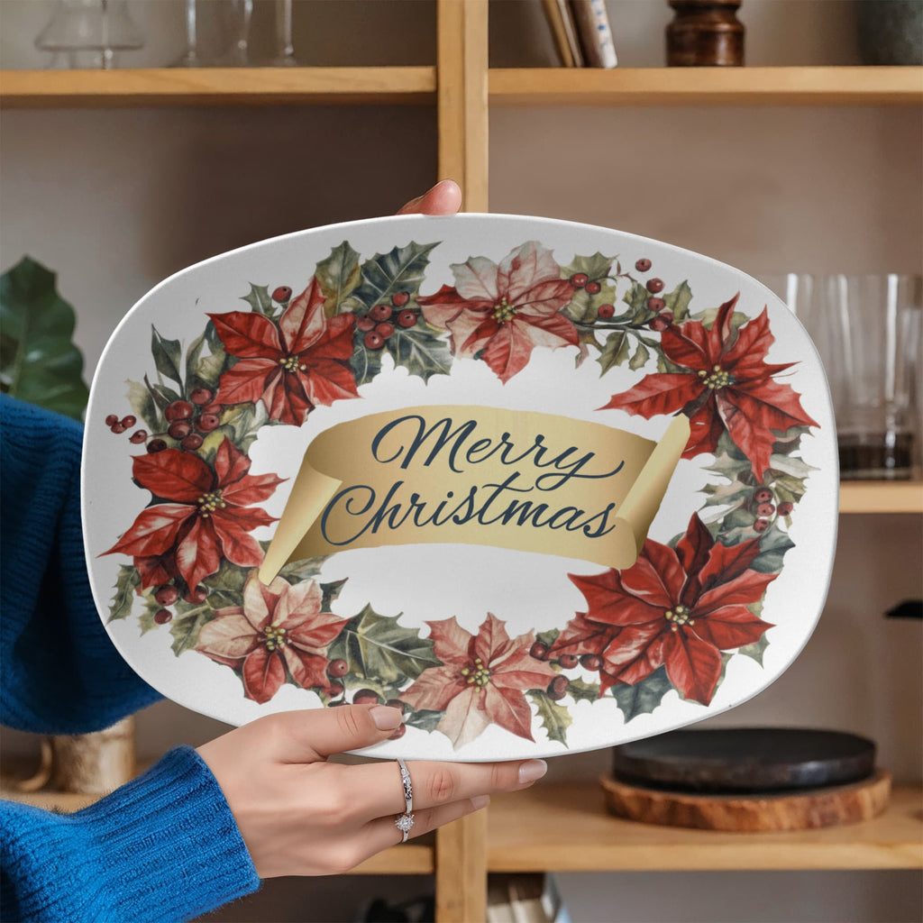 Merry Christmas Oval Wreath 10" x 14" Polymer Serving Platter