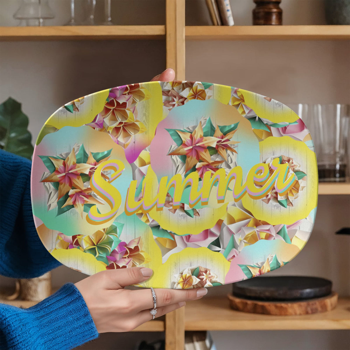 Colorful Pattern Summer Design 10" x 14" Oval Serving Platter