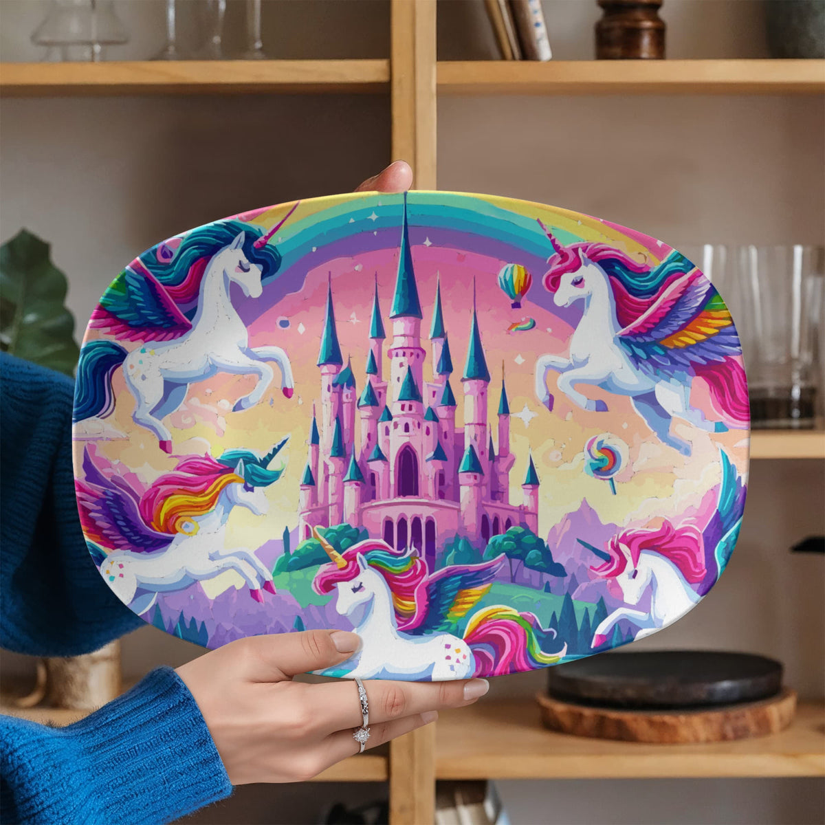 Cute Purple Unicorns with Pink Castle 10" x 14" Oval Serving Platter