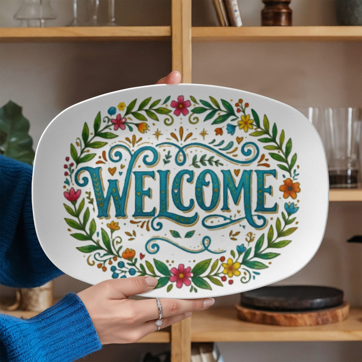Welcome Floral Pattern 10”x14” Oval Serving Platter